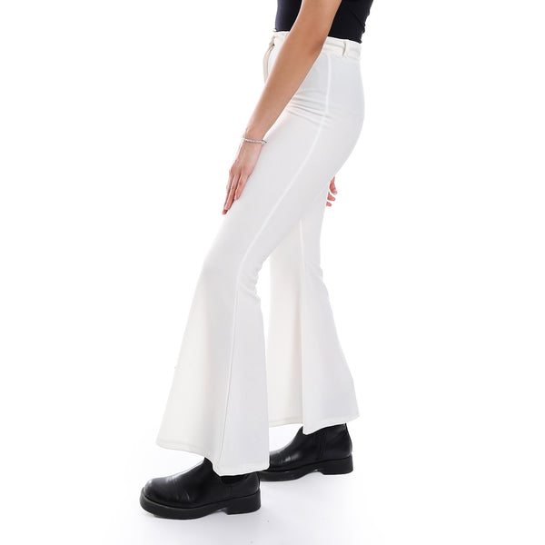 Fly Zipper Button Closure Flare Leg Pants - White