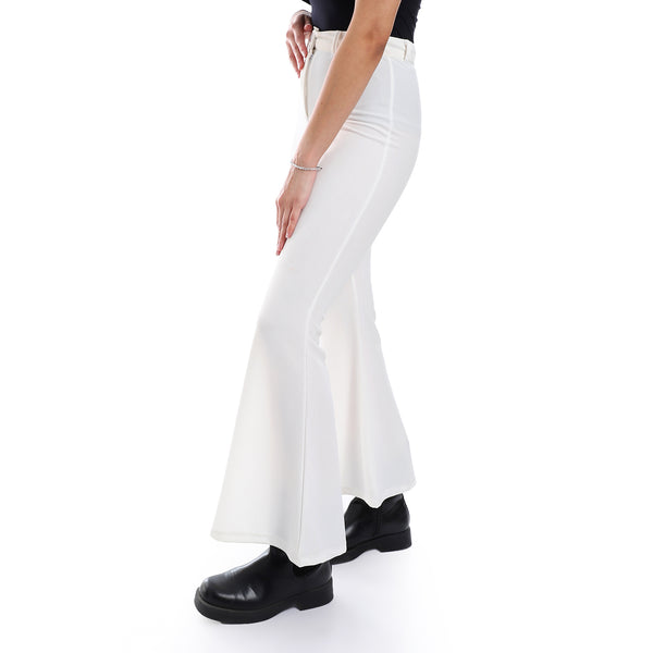 Fly Zipper Button Closure Flare Leg Pants - White