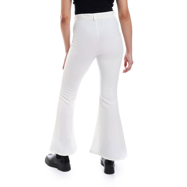 Fly Zipper Button Closure Flare Leg Pants - White