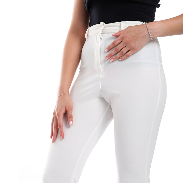 Fly Zipper Button Closure Flare Leg Pants - White