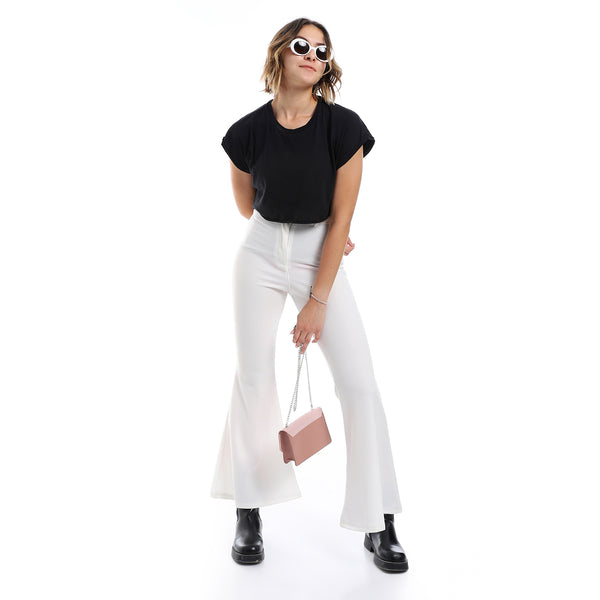 Fly Zipper Button Closure Flare Leg Pants - White