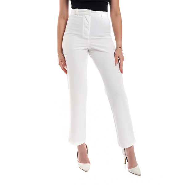High Waist Fly Zipper Button Closure Pants - White