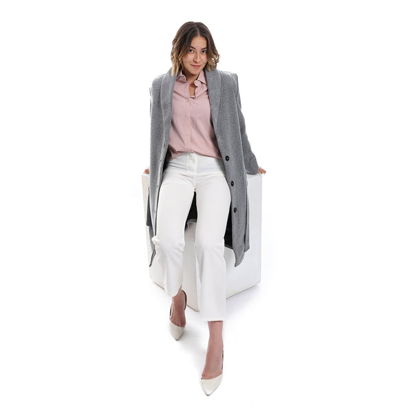 High Waist Fly Zipper Button Closure Pants - White