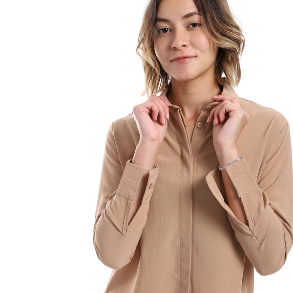 Plain Pattern Hidden Buttons Shirt - French Beige