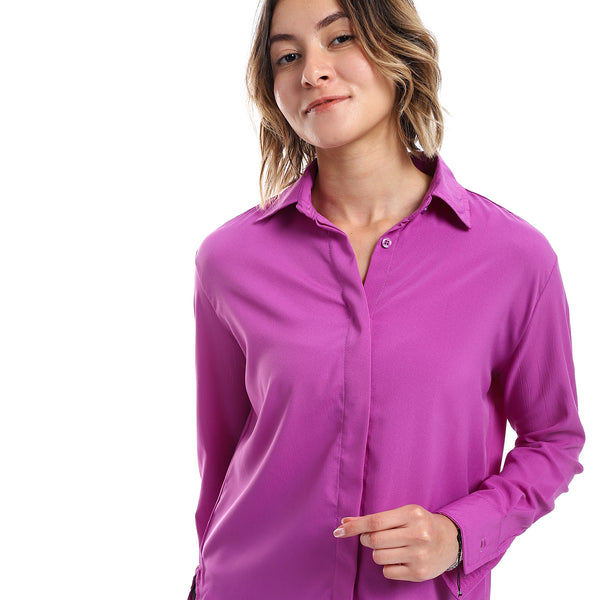 Plain Pattern Hidden Buttons Shirt - Purple