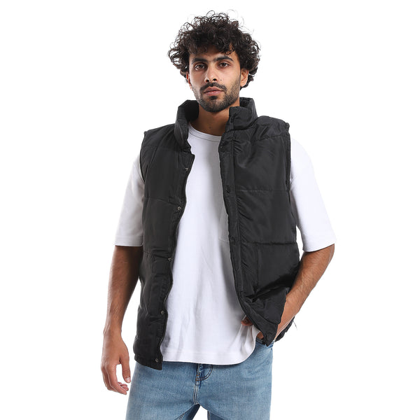 Press Buttons Closure Sleeveless Vest - Black