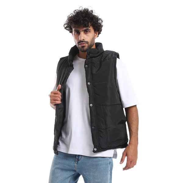 Press Buttons Closure Sleeveless Vest - Black