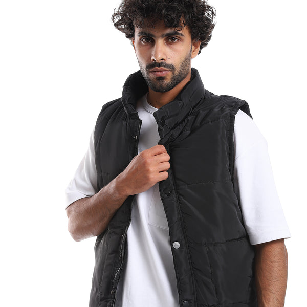 Press Buttons Closure Sleeveless Vest - Black