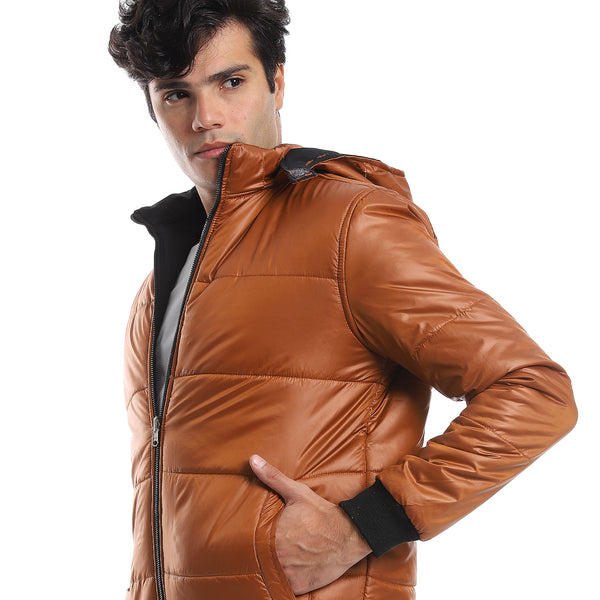 Zipper Closure Double Face Printed & Waterproof Jacket - Cramel Brown & Black