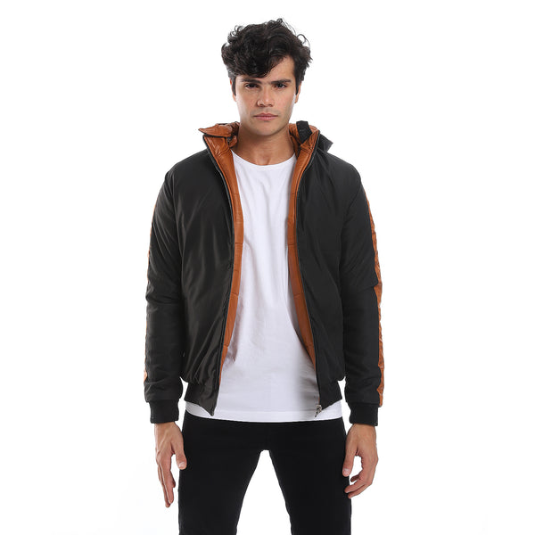 Zipper Closure Double Face Printed & Waterproof Jacket - Cramel Brown & Black