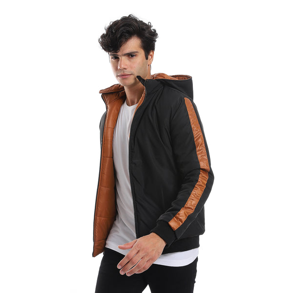 Zipper Closure Double Face Printed & Waterproof Jacket - Cramel Brown & Black