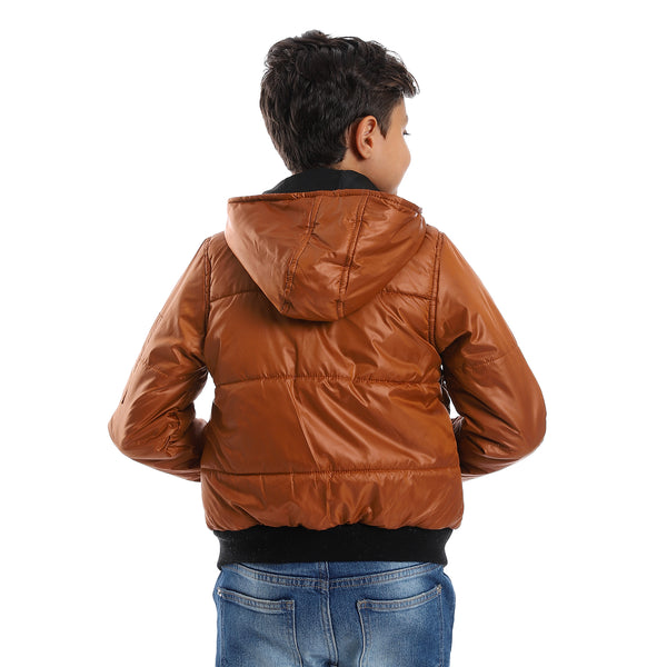 Zipper Closure Double Face Printed & Waterproof Boys Jacket - Cramel Brown & Black