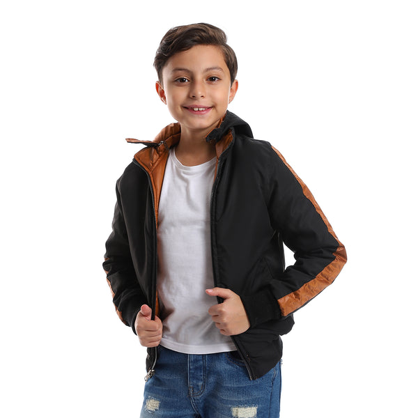 Zipper Closure Double Face Printed & Waterproof Boys Jacket - Cramel Brown & Black