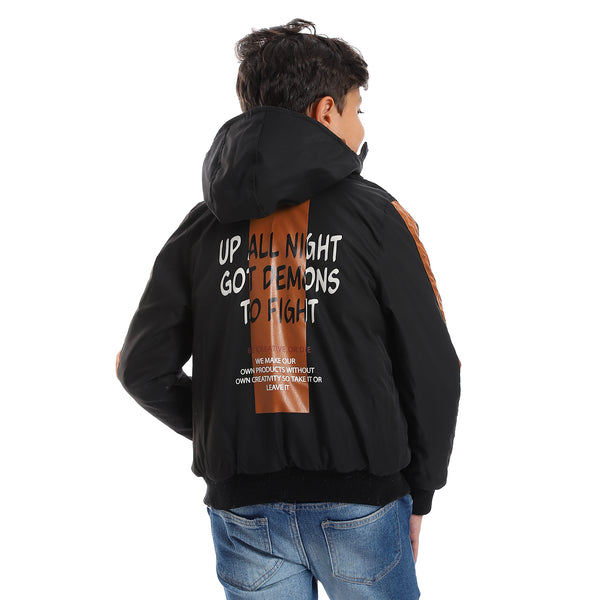 Zipper Closure Double Face Printed & Waterproof Boys Jacket - Cramel Brown & Black