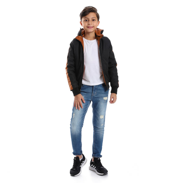 Zipper Closure Double Face Printed & Waterproof Boys Jacket - Cramel Brown & Black