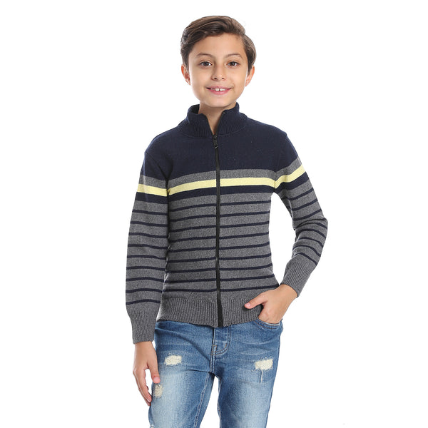 Stripped Navy Blue, Charcoal Grey & Light Yellow Boys Sweater