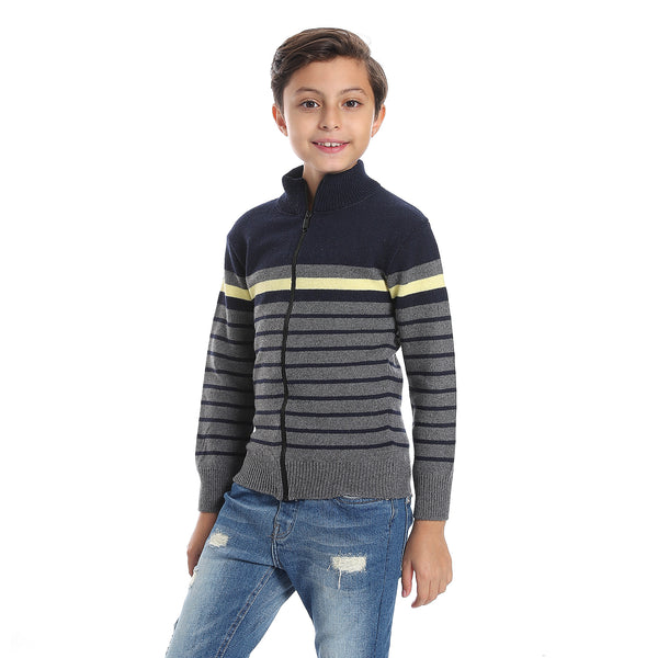 Stripped Navy Blue, Charcoal Grey & Light Yellow Boys Sweater