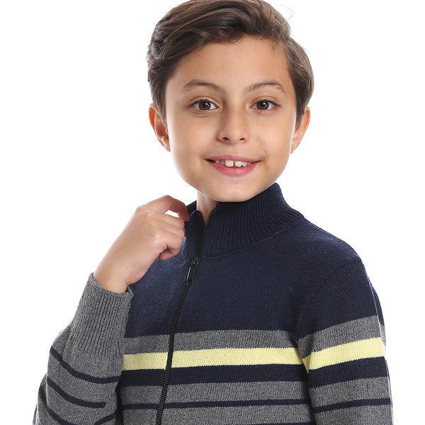 Stripped Navy Blue, Charcoal Grey & Light Yellow Boys Sweater