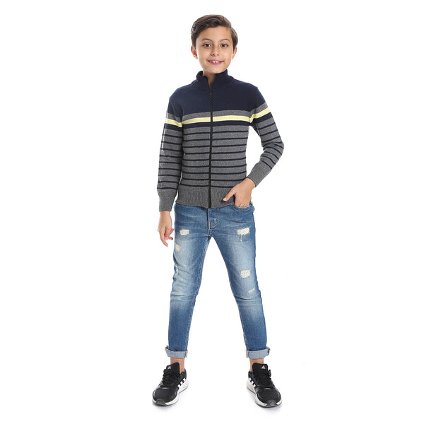 Stripped Navy Blue, Charcoal Grey & Light Yellow Boys Sweater