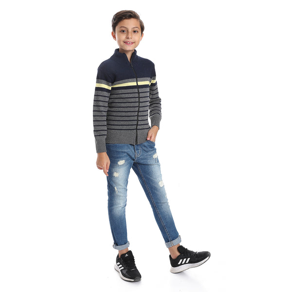 Stripped Navy Blue, Charcoal Grey & Light Yellow Boys Sweater