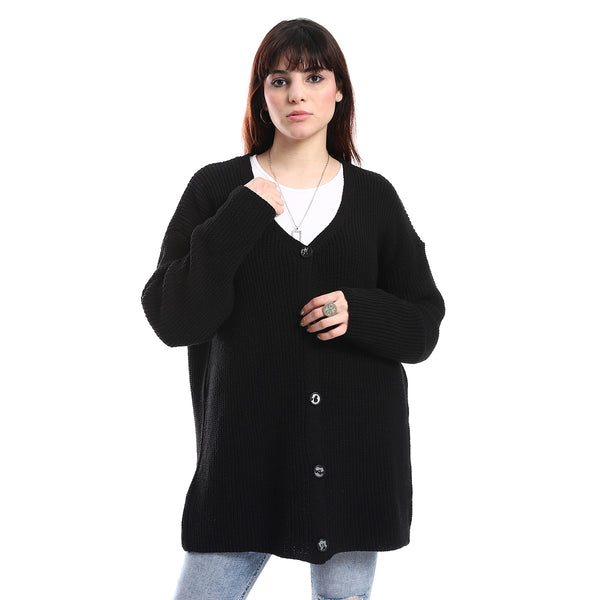 Buttons Down Closure V-Neck Knitted Cardigan - Black