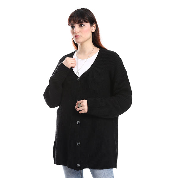 Buttons Down Closure V-Neck Knitted Cardigan - Black