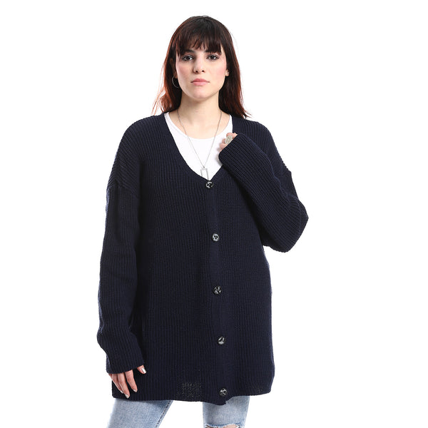 Buttons Down Closure V-Neck Knitted Cardigan - Navy Blue