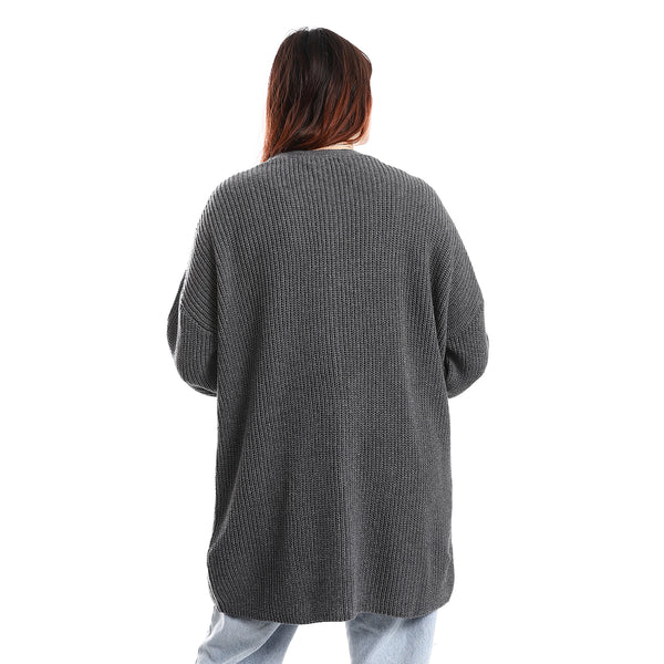 Buttons Down Closure V-Neck Knitted Cardigan - Dark Grey