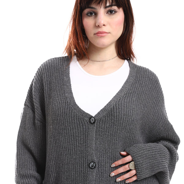 Buttons Down Closure V-Neck Knitted Cardigan - Dark Grey