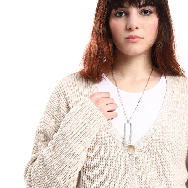 Buttons Down Closure V-Neck Knitted Cardigan - Beige