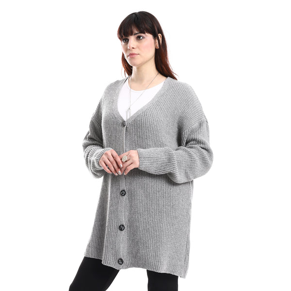 Buttons Down Closure V-Neck Knitted Cardigan - Light Grey