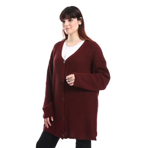 Buttons Down Closure V-Neck Knitted Cardigan - Burgundy
