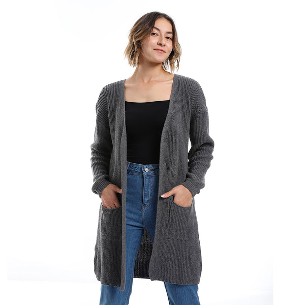 Open Neckline Slip On Cardigan_ Grey