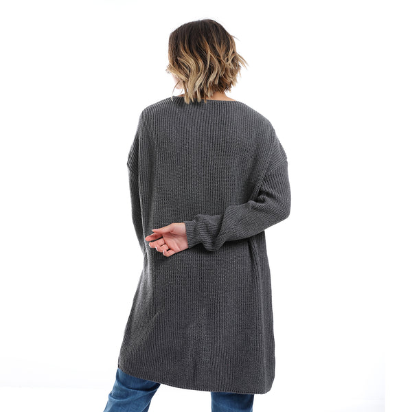 Open Neckline Slip On Cardigan_ Grey