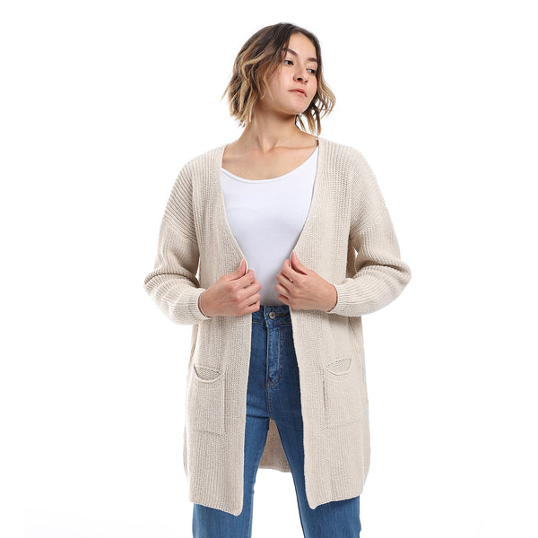 Open Neckline Slip On Cardigan-Beige