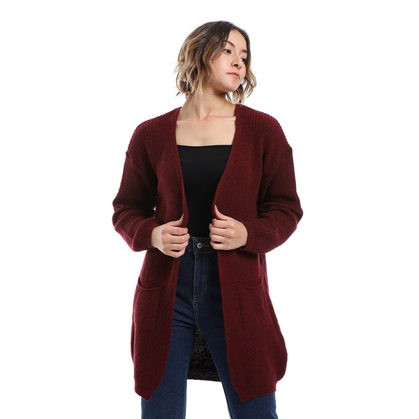 Open Neckline Slip On Cardigan-Dark Red