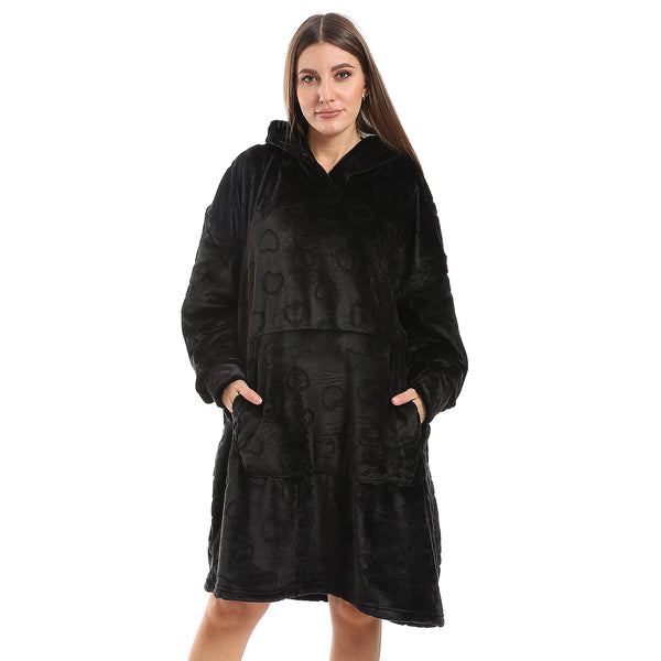 Oversized Fleeced Hooded Sleepshirt - Black