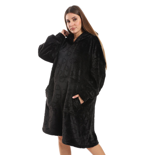Oversized Fleeced Hooded Sleepshirt - Black