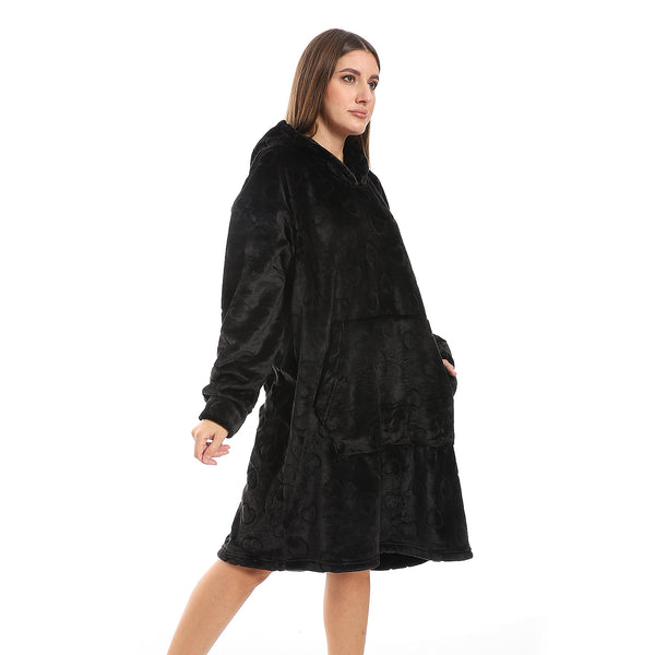 Oversized Fleeced Hooded Sleepshirt - Black