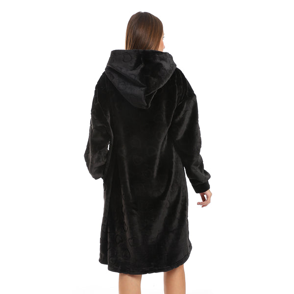 Oversized Fleeced Hooded Sleepshirt - Black