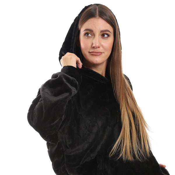 Oversized Fleeced Hooded Sleepshirt - Black