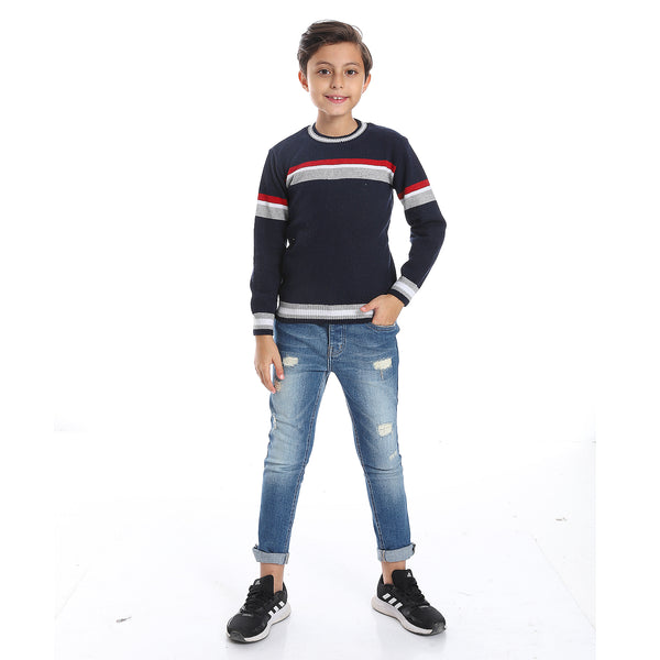 Navy Blue, Red & White Crew Boys Pullover