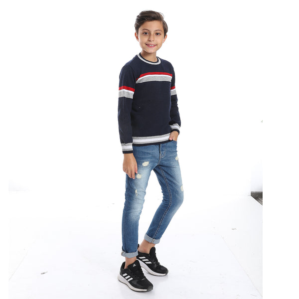 Navy Blue, Red & White Crew Boys Pullover