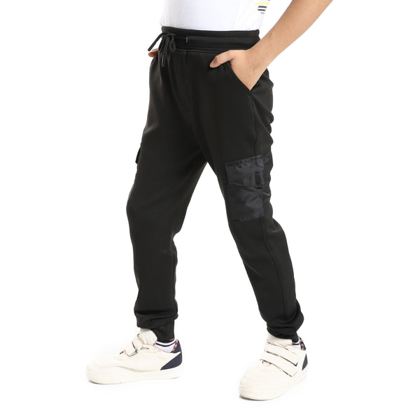 Elastic Waist With Drawstring Side Pockets Boys Pants - Black