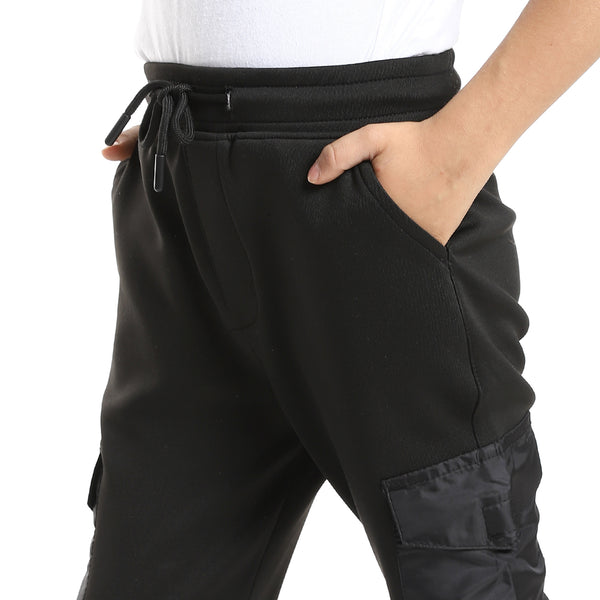 Elastic Waist With Drawstring Side Pockets Boys Pants - Black