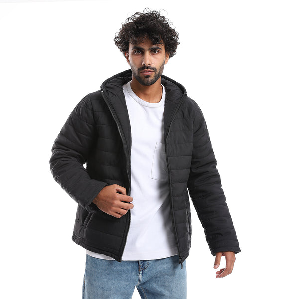 Long Sleeves Quilted Pattern Hoodie Neck Jacket - Black