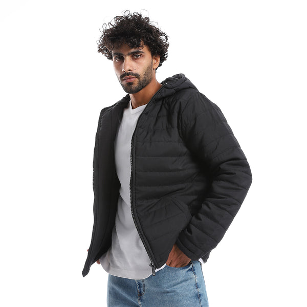 Long Sleeves Quilted Pattern Hoodie Neck Jacket - Black