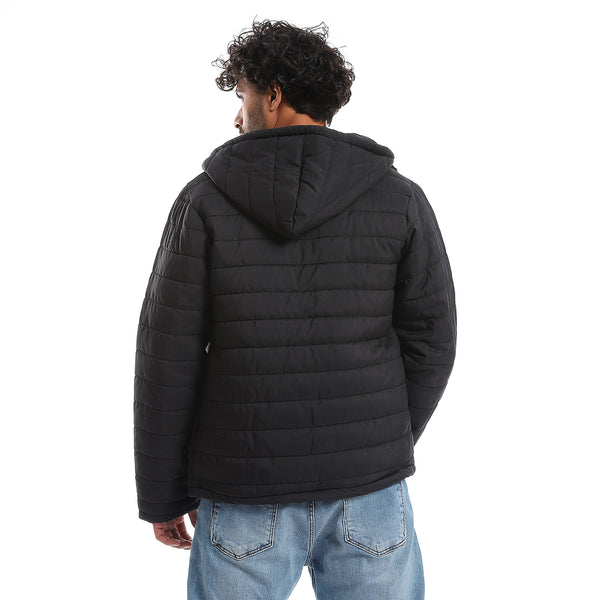 Long Sleeves Quilted Pattern Hoodie Neck Jacket - Black