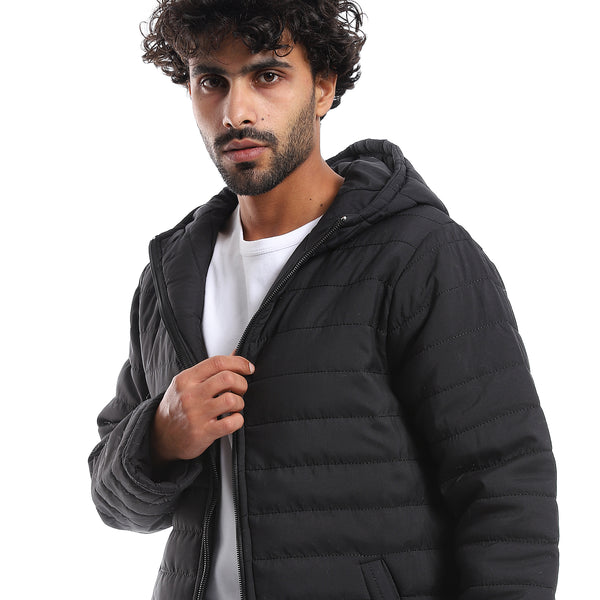 Long Sleeves Quilted Pattern Hoodie Neck Jacket - Black