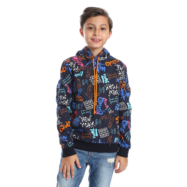 Navy Blue Fleeced Boys Printed Hoodie